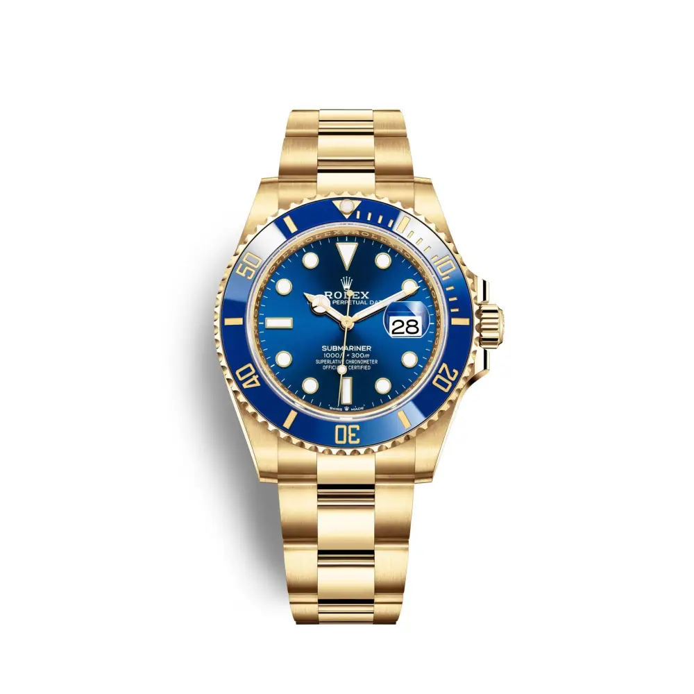 Yellow gold Rolex Submariner with blue dial and bezel