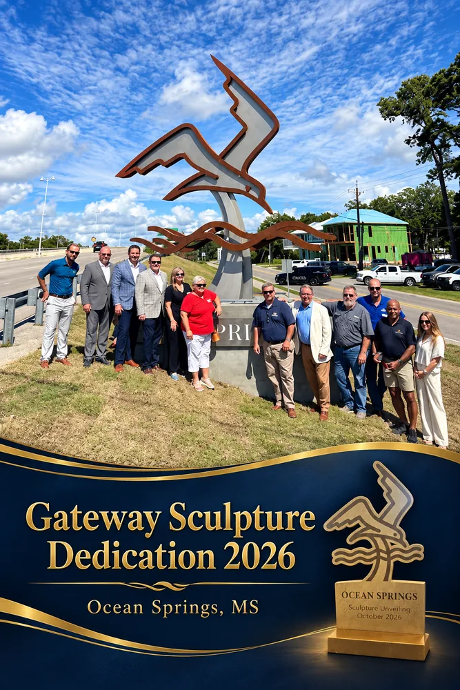 Ocean Springs Chamber members gathered at the Gateway Sculpture Dedication 2026 in Ocean Springs, MS