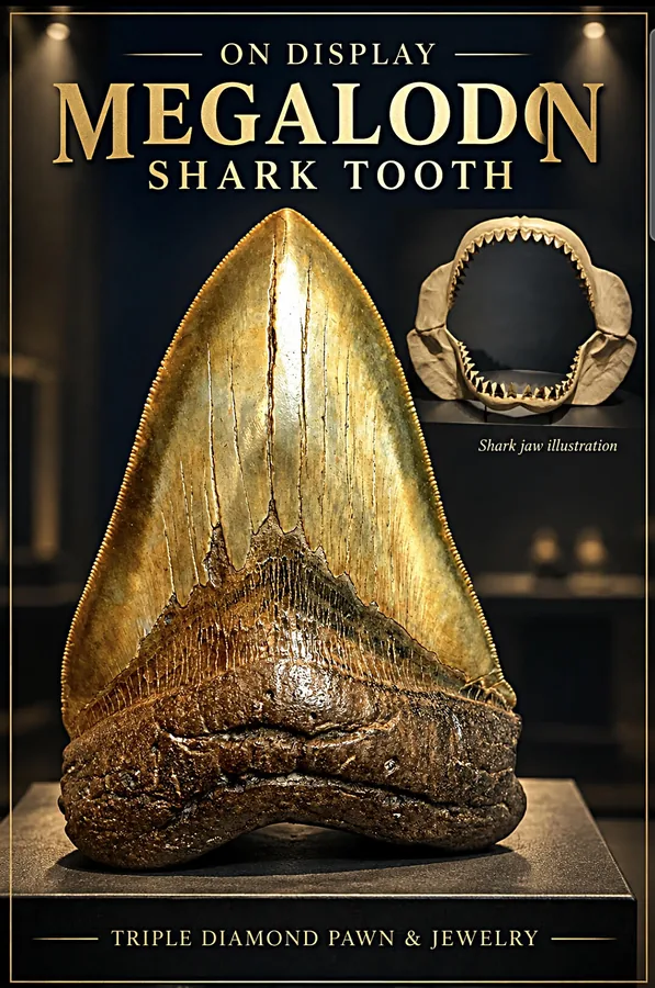 Fossil Megalodon shark tooth on display at Triple Diamond Pawn & Jewelry