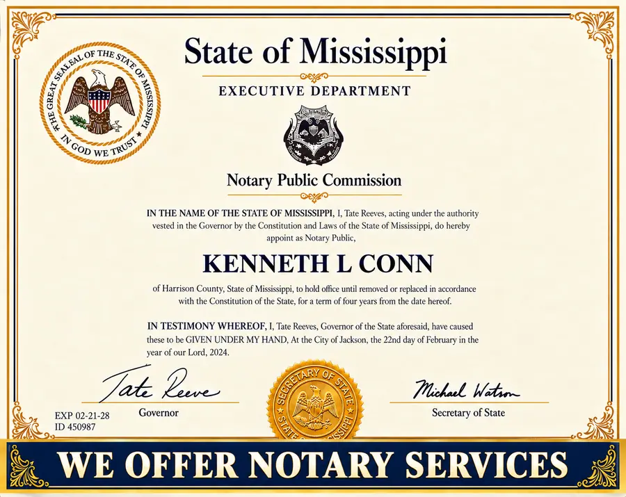 State of Mississippi Notary Public Commission — we offer notary services at Triple Diamond