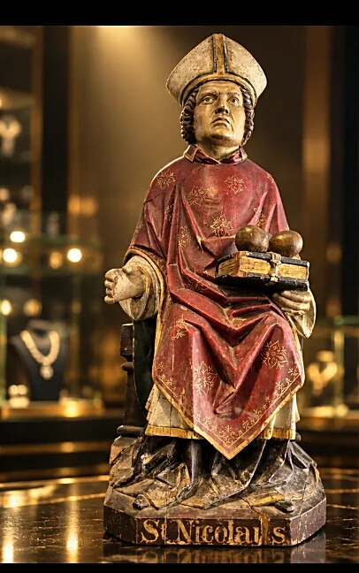 Carved and painted wooden statue of St. Nicholas holding a book with three gold spheres